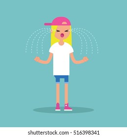 Young loudly crying blond girl clenching her fists / editable cartoon style illustration, vector clip art