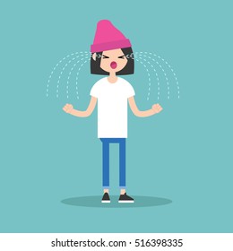 Young loudly crying girl clenching her fists / editable cartoon style illustration, vector clip art