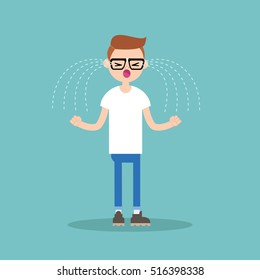 Young loudly crying nerd clenching his fists / editable cartoon style illustration, vector clip art
