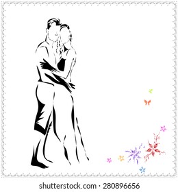 Young love couple.  Drawing in black line