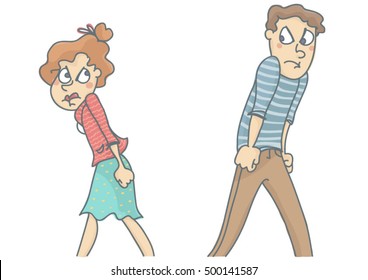 Young  love couple in fight, do not want to talk to each other, each going his own way. Vector cartoon of couple break, isolated, white background.