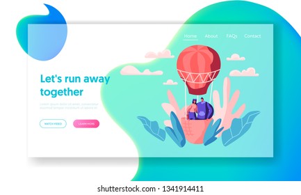 Young Love Couple Fly Air Balloon in Sky Landing Page. Man Woman Enjoy Romantic Together. Happy Lovers Spend Leisure Time in Open Air Website or Web Page. Flat Cartoon Vector Illustration