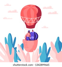 Young Love Couple Fly Air Balloon in Sky. Man Woman Enjoy Romantic Together. Happy Lovers Spend Leisure Time in Open Air. Cute Boyfriend Hug Beloved Girl. Flat Cartoon Vector Illustration