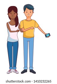 young love couple man and woman using technology smartphone device cartoon vector illustration graphic design