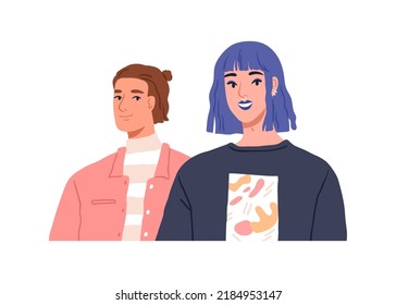 Young love couple portrait. Happy smiling man and woman. Modern fashion friends, youth. Stylish girlfriend and boyfriend faces. Flat graphic vector illustration isolated on white background