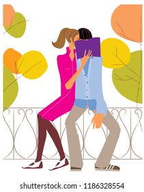 Young love couple reading a book together in park. Vector illustration.