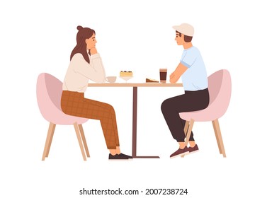 Young love couple sitting at table with coffee in cafe. Date of happy enamored man and woman. Romantic dating of people in cafeteria. Colored flat vector illustration isolated on white background.