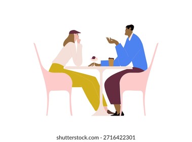 Joven pareja de amor sentado en la mesa con café en la cafetería. Fecha de feliz enamorado hombre y mujer. Citas románticas de gente en cafetería. Ilustración vectorial plana de color aislado sobre fondo blanco.