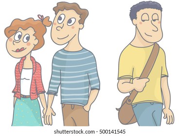 Young love couple walking, woman looking and flirting with another man passing by. Vector illustration of female infidelity.