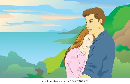 Young love couple. woman hugging man with tender love expression. sea view. vector illustration isolated cartoon hand drawn