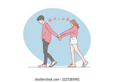 Young love hold each other's hands happily. Vecor illustration.