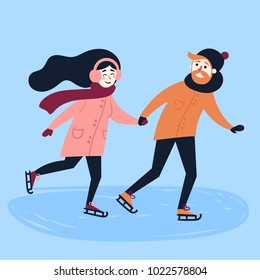 Young lovely attractive couple is figure skating on ice. Winter leisure of weekend. Man and women making fun together. Boy dating girl. Vector illustration in flat style