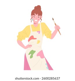Young lovely and cheerful artist is smiling and holding painting brush with colors stains on her apron and face. Concept of Art school, painter, art lesson, hobby, making artwork. Flat vector illustra