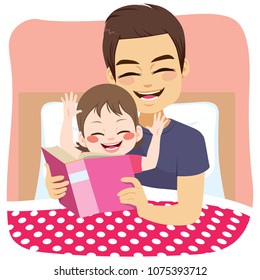 Young lovely father reading fairytale on bedroom to daughter