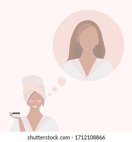 Young lovely girl takes care of herself and dreams of beauty, vector set in flat cartoon style