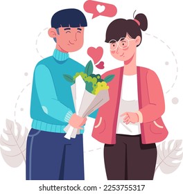 Young lover with heart shapes and bunch of flowers on Valentine's day. Happy young couple portrait. Romantic man gives a bunch of flowers to his darling girlfriend.