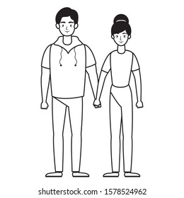 young lovers couple avatars characters vector illustration design