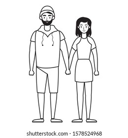 young lovers couple avatars characters vector illustration design