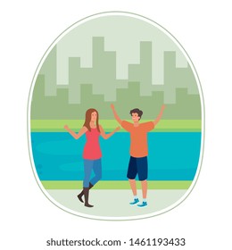 young lovers couple celebrating in the park