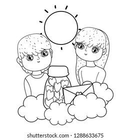 young lovers couple characters with envelope