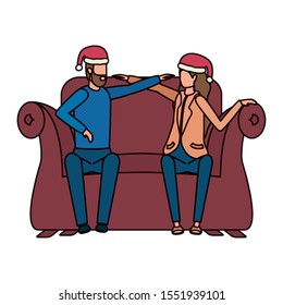 young lovers couple with christmas hat seated in sofa vector illustration design
