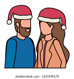young lovers couple with christmas hat characters vector illustration design