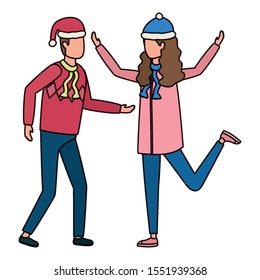 young lovers couple with christmas hat characters vector illustration design
