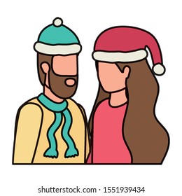 young lovers couple with christmas hat characters vector illustration design