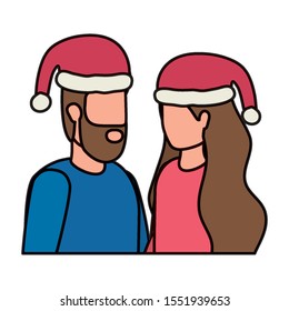 young lovers couple with christmas hat characters vector illustration design