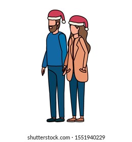 young lovers couple with christmas hat characters vector illustration design