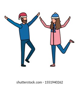 young lovers couple with christmas hat characters vector illustration design
