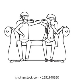 young lovers couple with christmas hat seated in sofa vector illustration design