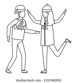 young lovers couple with christmas hat characters vector illustration design