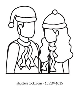 young lovers couple with christmas hat characters vector illustration design