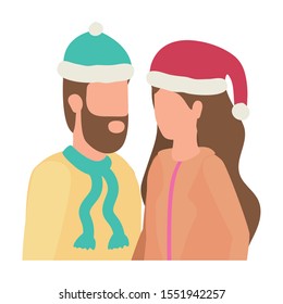 young lovers couple with christmas hat characters vector illustration design