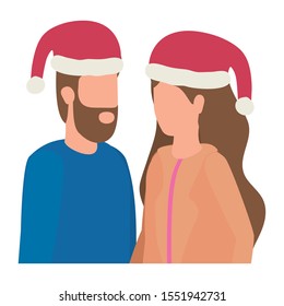young lovers couple with christmas hat characters vector illustration design