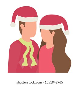 young lovers couple with christmas hat characters vector illustration design