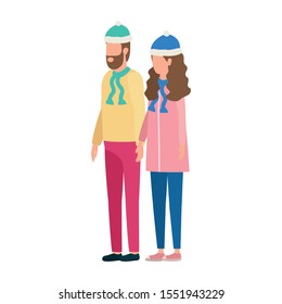 young lovers couple with christmas hat characters vector illustration design