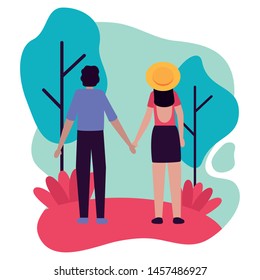 young lovers couple in the field vector illustration design