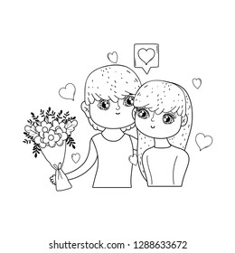 young lovers couple with hearts floating