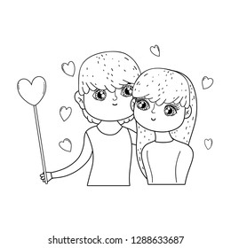 young lovers couple with hearts floating