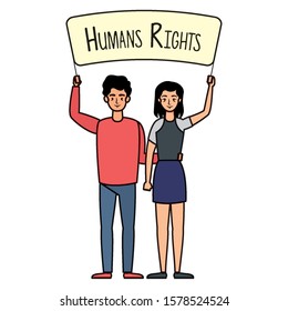 young lovers couple with human rights label vector illustration design