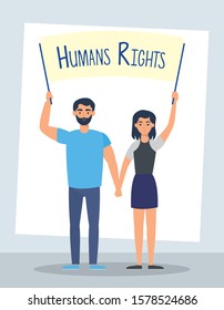 young lovers couple with human rights label vector illustration design