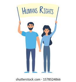 young lovers couple with human rights label vector illustration design