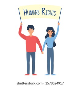 young lovers couple with human rights label vector illustration design