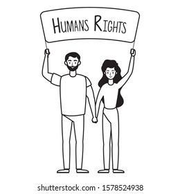 young lovers couple with human rights label vector illustration design