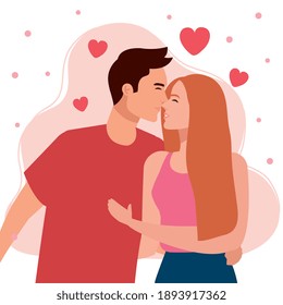 young lovers couple kissing with hearts pattern vector illustration design