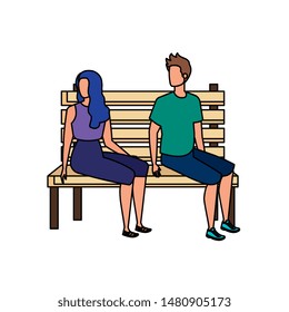 young lovers couple seated in park chair characters