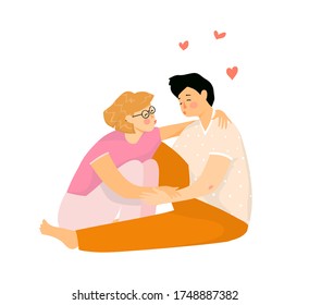 Young lovers couple sitting hugging and kissing. Romantic man and woman valentine date, tender scene of happy people in love. Vector hand drawn flat clipart illustration.