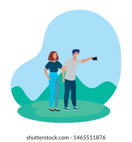 young lovers couple taking a selfie in the camp